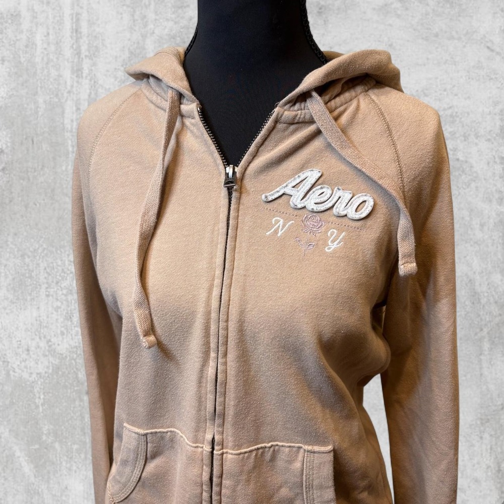 Aeropostale Womens Tan New York Rose Embroidered Full Zip Hoodie Sweatshirt M